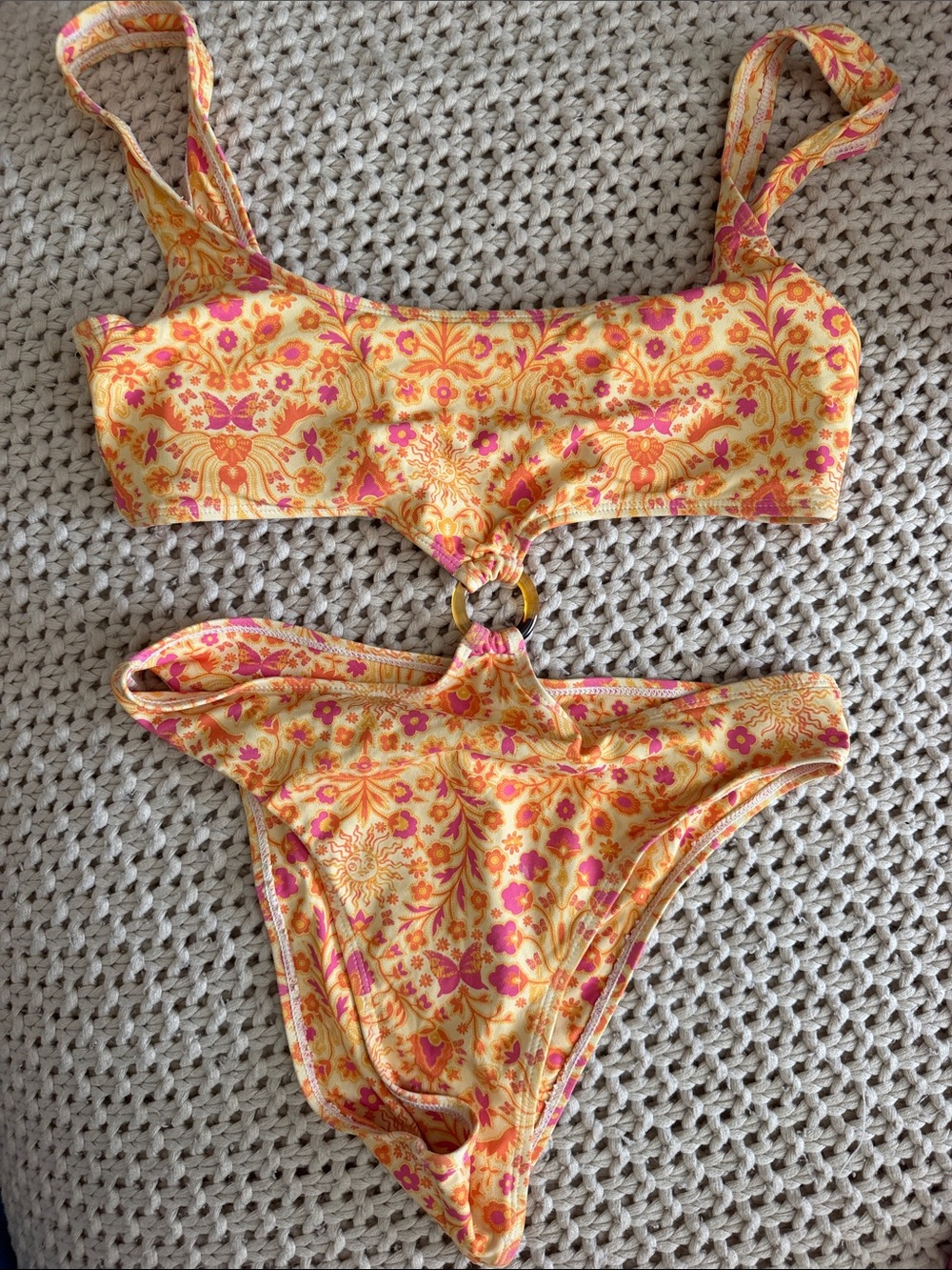 Urban Outfitters Yellow and Pink Floral One-Piece Swimsuit with Ring Accent